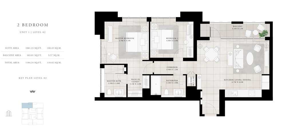 2-Bed, Unit-1,Level-2,Size-1184.24-sq.ft